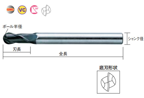 三菱マテリアル 常三郎 2枚刃ミラクル超硬ボールエンドミル(M) VC2MBR0800：大工道具 鏝 鋸・金物の専門通販アルデ