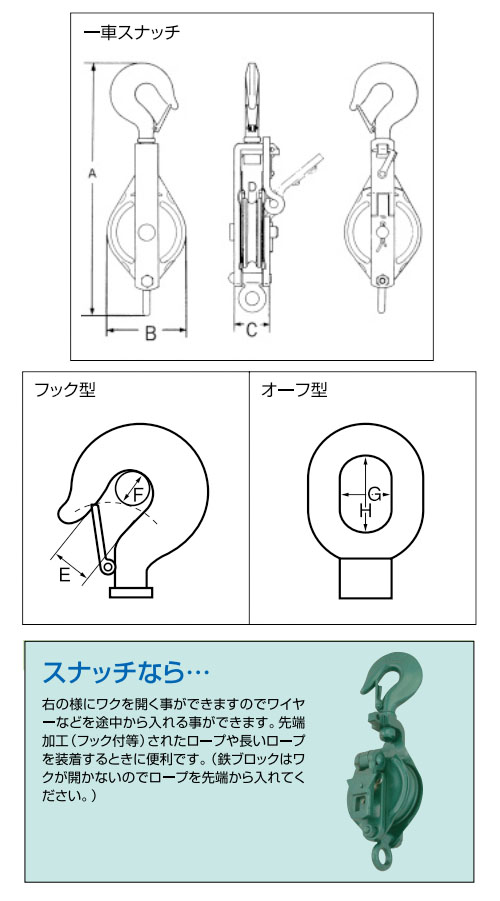 スリーエッチ 強力型滑車 一車スナッチ フック型 使用荷重3.0ton