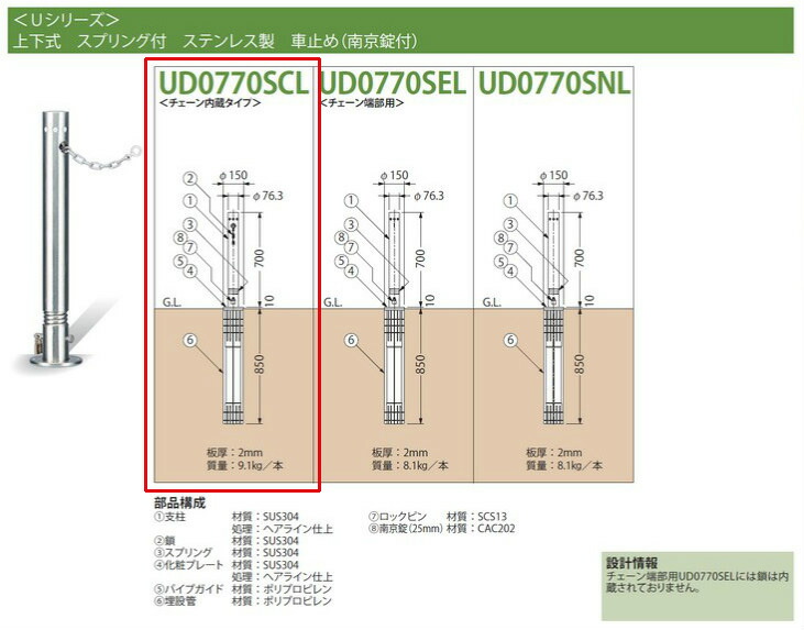 新品同様 車止め チェーン内蔵 UD0770SCL用交換用支柱一式 サヤ管 埋設管 なし カネソウ www.numberz.co