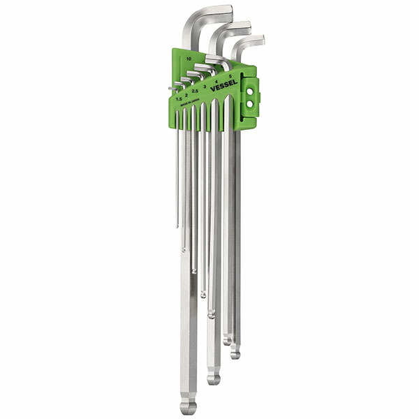 本締めボールポイントレンチ短軸仕様 9本組 ロングタイプ 10セット 取寄品 ベッセル 8209BP-L-143916 ( ねじれ 折れ 強い 短軸仕様 狭い場所 早回し 斜め EX剛金 全身 焼き入れ ボールポイント 使いやすい 傾き角 38マグネット付 六角穴付ボルト 曲げ角度95日本製 )