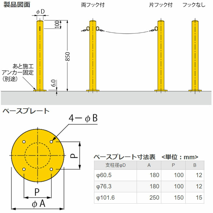 車止め後付タイプ スチール 径76.3mm フックなし 丸型 本体色(白