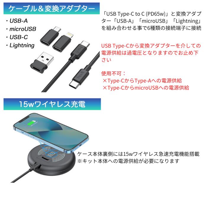 budi15wワイヤレス充電コンパクトキット小さな本体にPD65w対応90cmケーブル、15wワイヤレス充電、12種類の機能をフルに搭載!バッテリー非搭載持ち運びかんたんスタンド鏡拡大接写マグネットロック軽量コンパクトアダプターUSBCUSB-AmicroUSBLightning