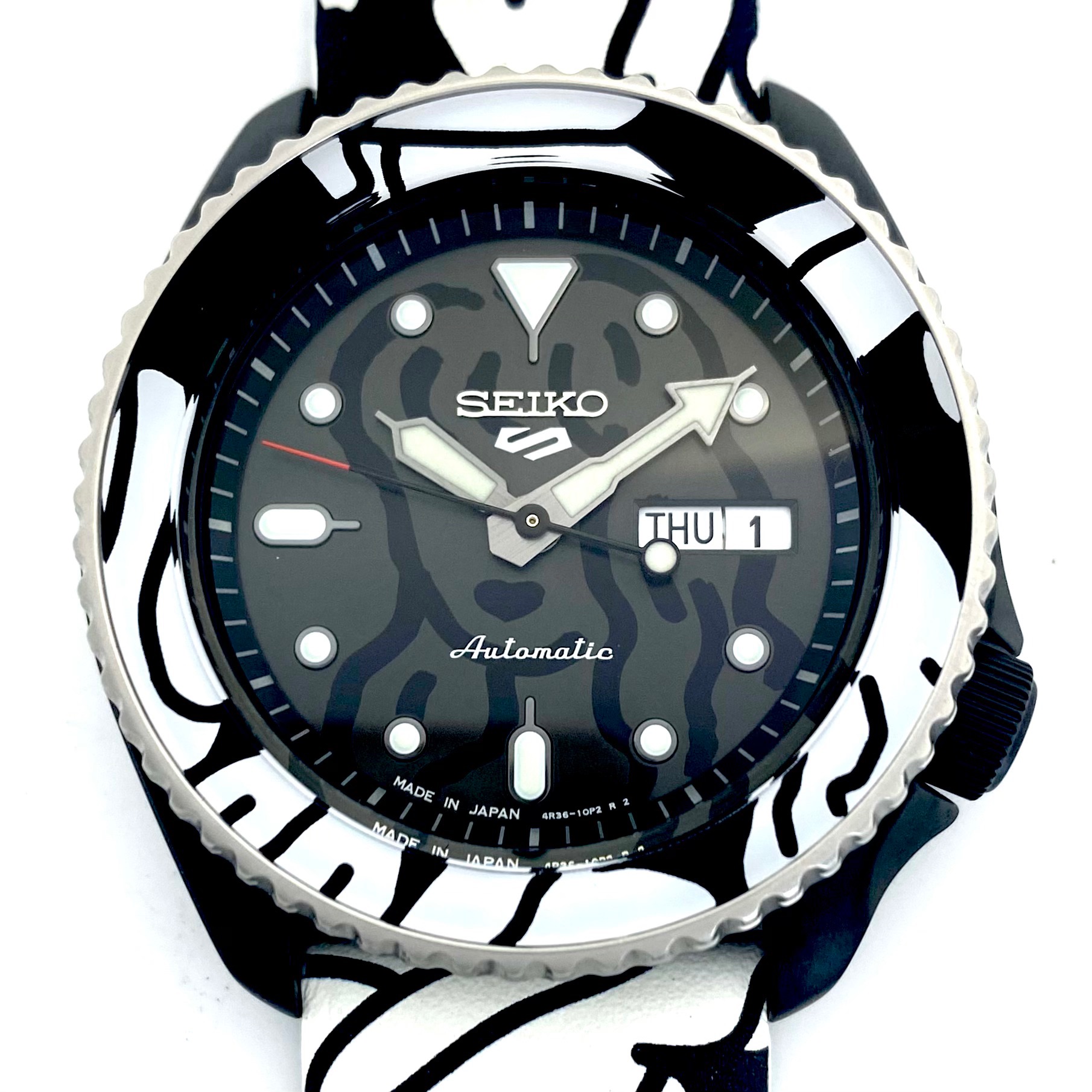 中古 腕時計 メンズ セイコー SEIKO 5スポーツ オートモアイコラボレーション限定モデル SBSA123 4R36-09Z0 限定1500本 自動巻 黒 裏スケ デイデイト表示（日本語・英語） 10気圧防水 革ベルト
