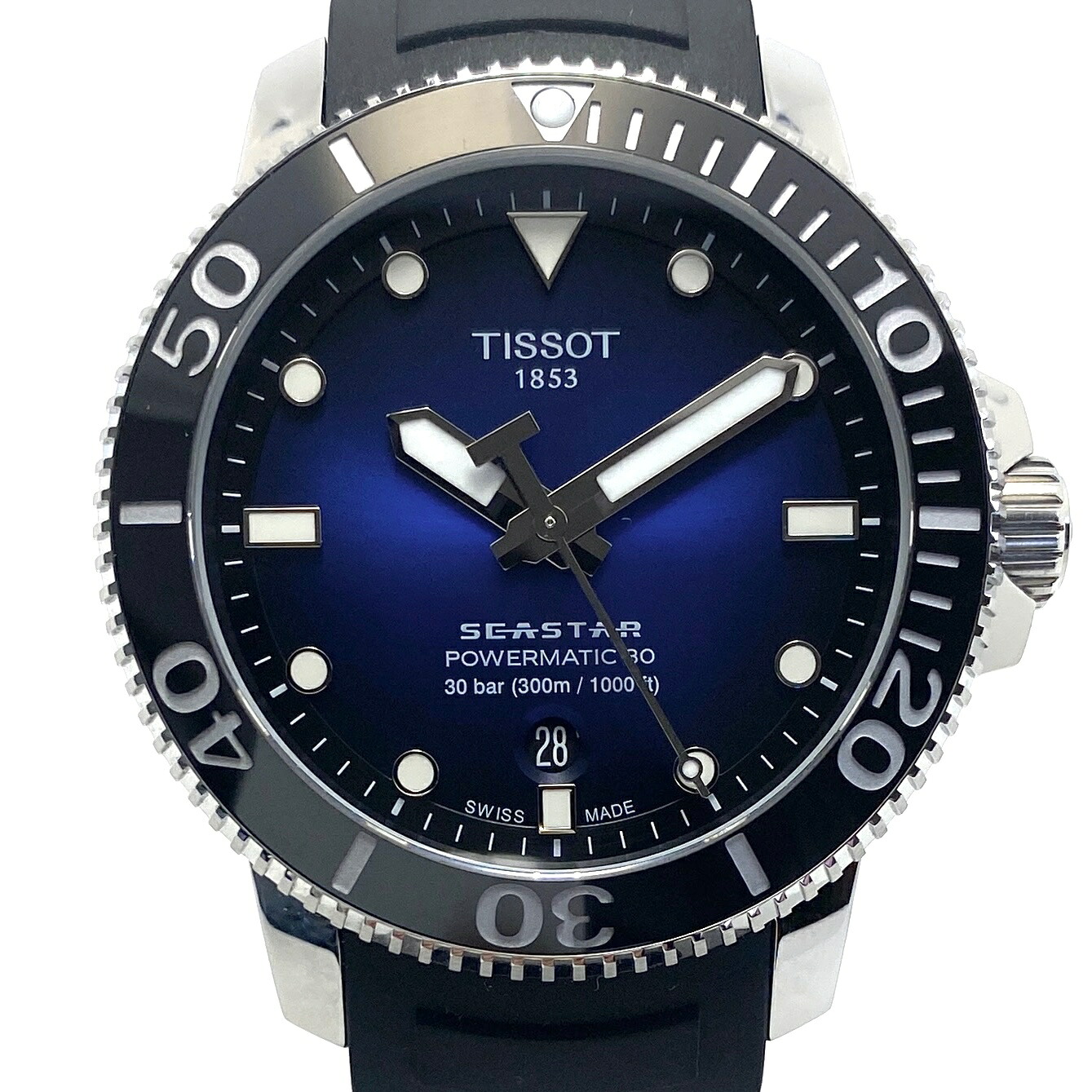 中古 腕時計 メンズ ティソ TISSOT シースター1000 パワーマティック80 T120407A 自動巻 ブルーグラデーション デイト表示 裏スケ 30気圧防水 ラバーベルト|エリアールショップ 店