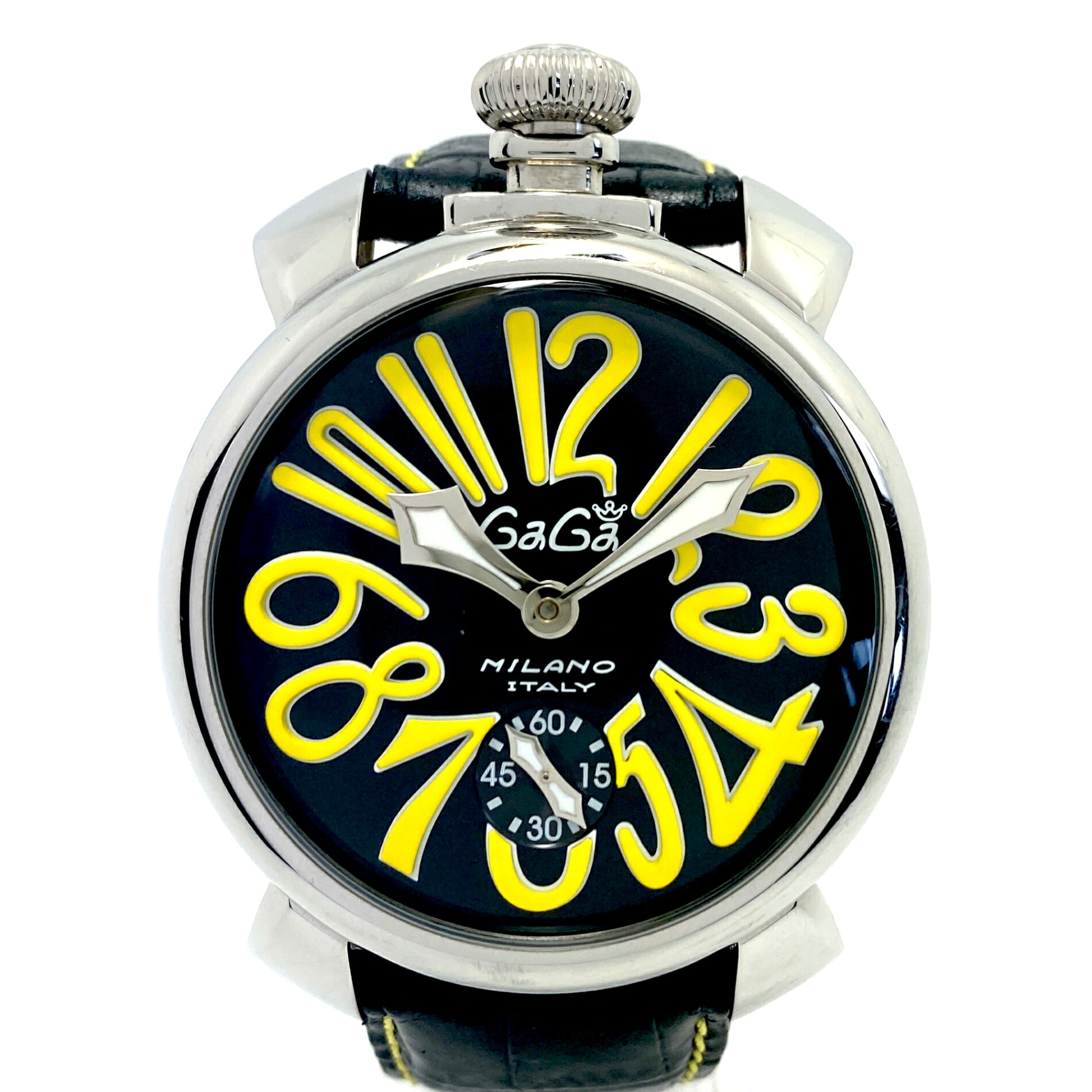 中古 腕時計 メンズ ガガミラノ GaGa MILANO マヌアーレ48 5010.12S 黒 手巻き 裏スケ スモールセコンド 革ベルト｜エリアールショップ　店