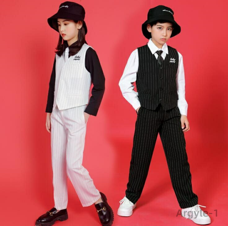 【送料無料】子供服 ストリートダンス衣装 ジャズダンス衣装 子供ダンス衣装セット ヒップホップ HIPHOP breaking Popping 縞柄 ベスト ロンパン 長袖シャツ レッスン着