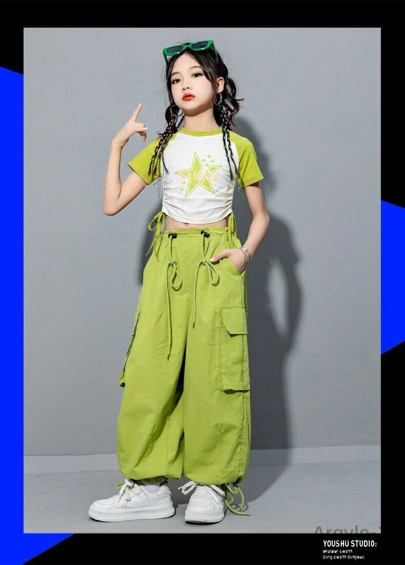 【送料無料】女の子 ヒップホップ ダンス衣装　セットアップ Ｔシャツ 半袖　パンツ　子供　女の子　ジャズダンス衣装　練習着