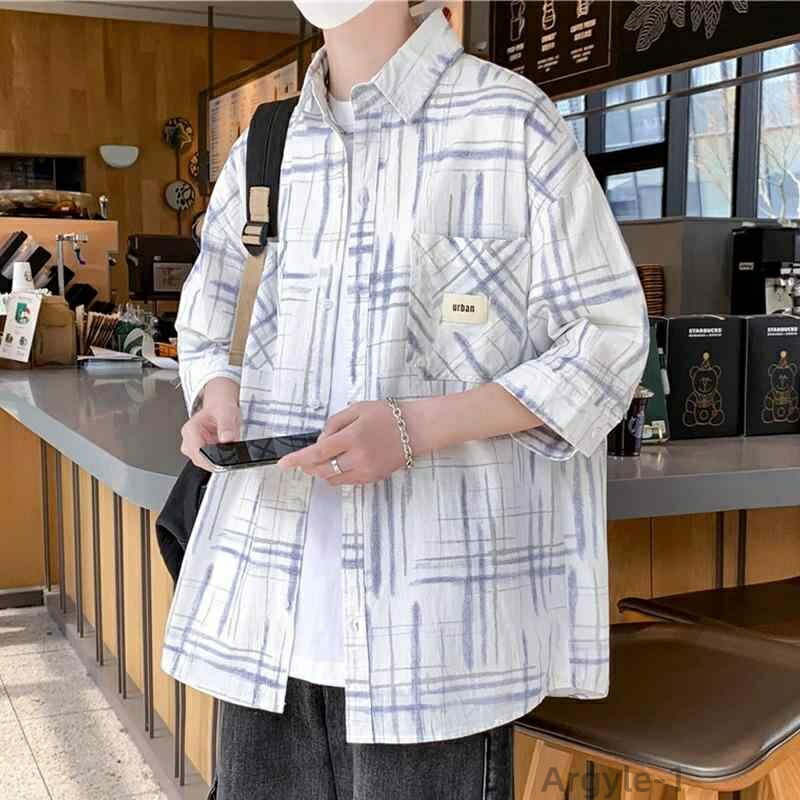 【送料無料】シャツ メンズ ティーンズ 春夏 半袖 七分袖 通気性 薄手 ゆったり オーバーサイズ チェック柄 カジュアル ストリート系 おしゃれ 襟付き 胸ポケット ライトアウター
