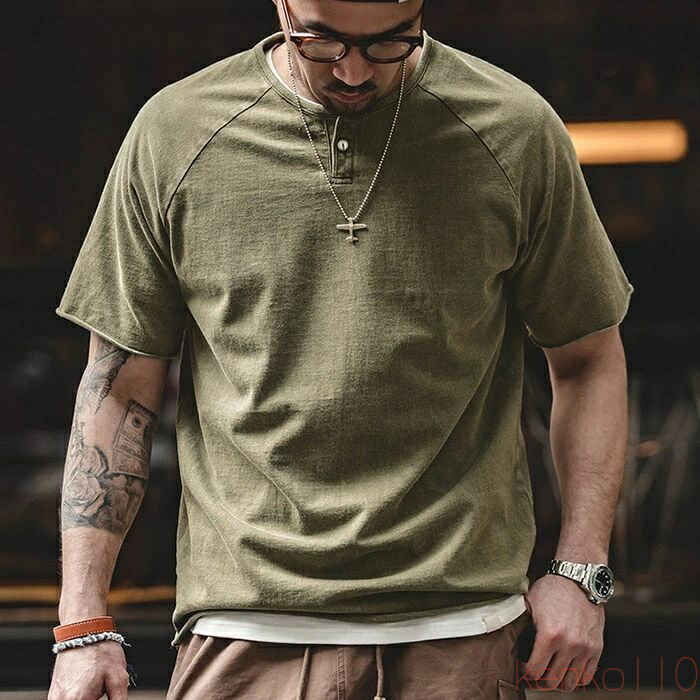 【送料無料】Tシャツ メンズ 半袖 無地 ヘンリーネック おしゃれ 人気 ミリタリー アメカジ tシャツ 夏 インナー メンズファッション 半袖Tシャツ カットソー かっこいい カ
