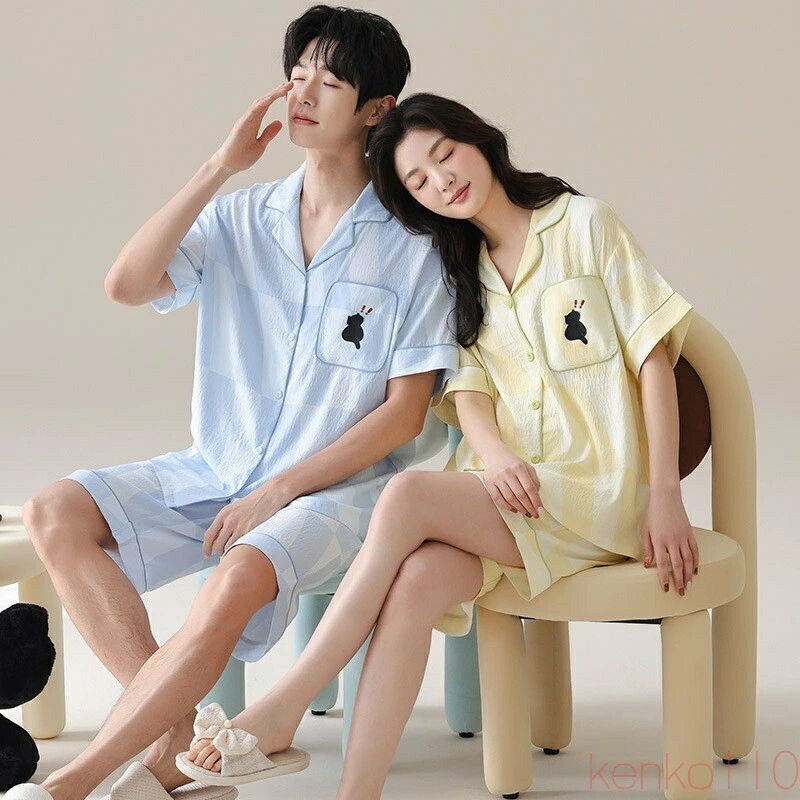 【送料無料】ペア パジャマ 半袖 夏 男女2着 セット 春 猫 チェック ポケット 綿 セットアップ 前開き カップル ルームウェア 半袖トップス ショートパンツ 高級 春夏 ペアパ