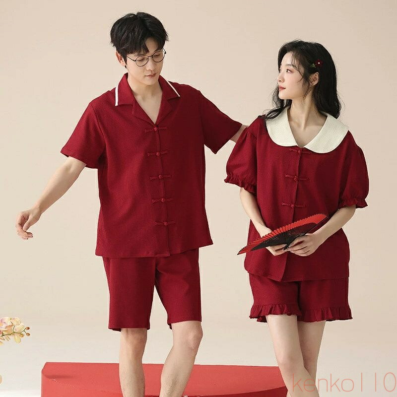 【送料無料】ペア パジャマ 半袖 夏 綿100% 男女2着 セット フレア 柔らかい ポケット 大きいサイズ ゆったり カップル シンプル 薄手 ワッフル生地 ルームウェア 高級 春夏｜えーあい