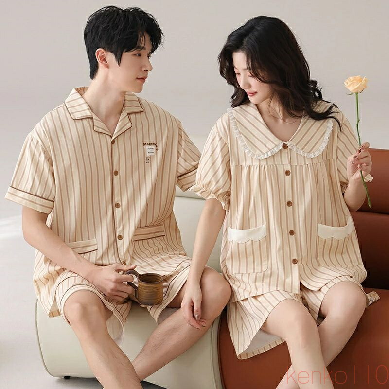 【送料無料】ペア パジャマ 半袖 夏 綿100% 男女2着 セット シンプル 前開き ゆったり カップル ストライプ 薄手 ルームウェア 半袖トップス+ショートパンツ 高級 春夏 ペア｜えーあい