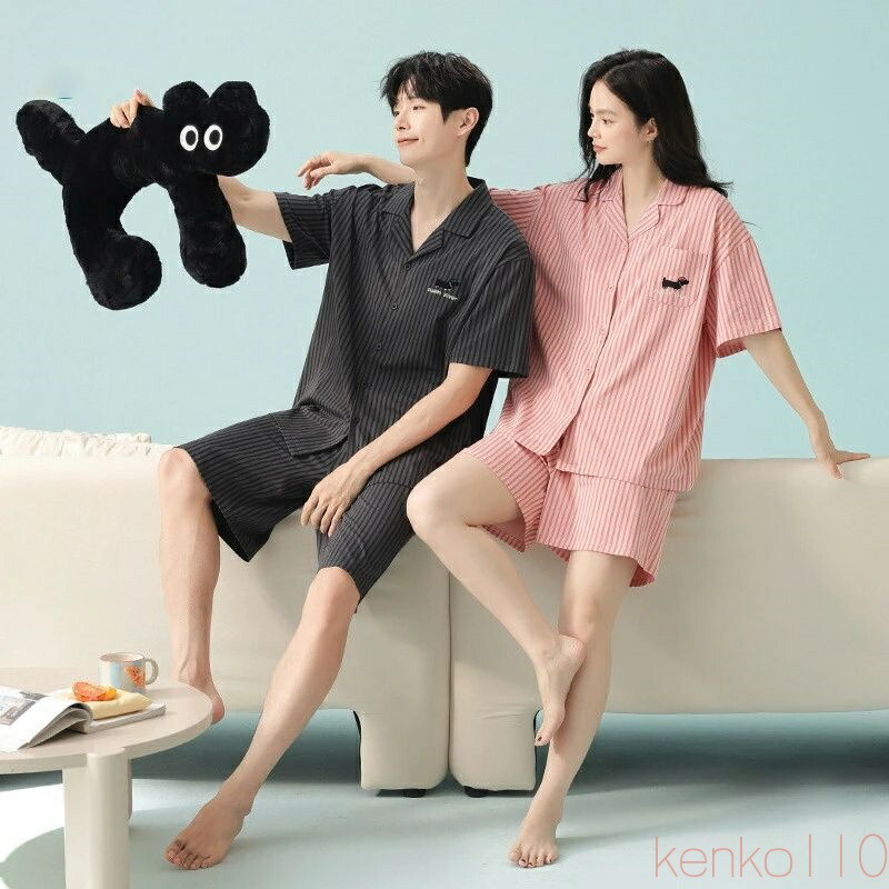 【送料無料】ペア パジャマ 半袖 夏 男女2着 セット 春 ストライプ ダックスフント シンプル セットアップ 抗菌 綿100% 薄手 ルームウェア 春夏 高級 カップル ペアパジャマ|えーあい