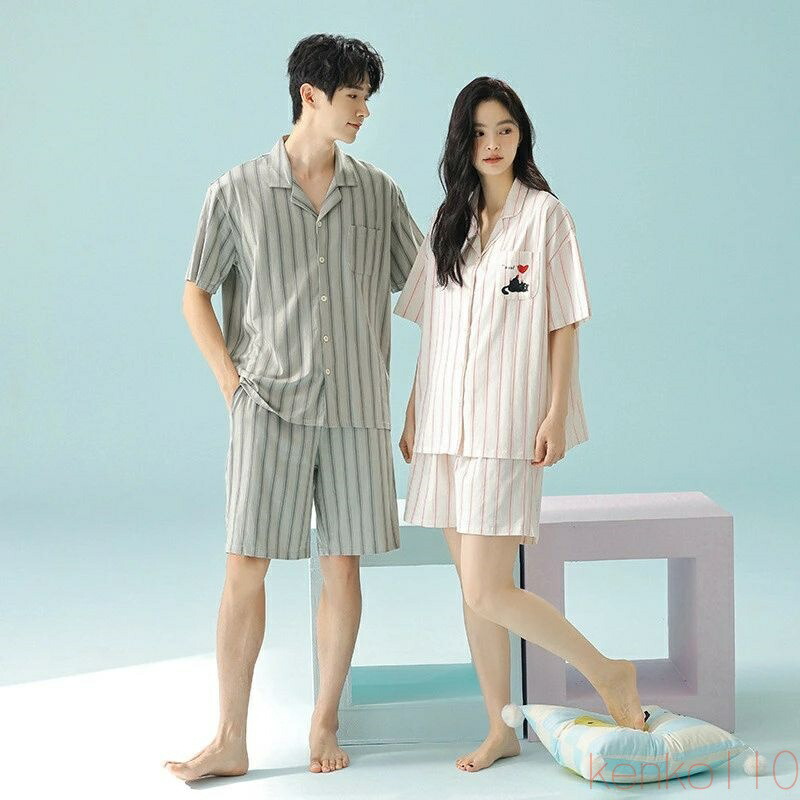 【送料無料】ペア パジャマ 半袖 夏 男女2着 セット 春 ストライプ 猫 ハート 抗菌 綿100％ 薄手 ルームウェア 高級 カップル 春夏 ペアパジャマ 結婚祝い プレゼント お祝い｜えーあい