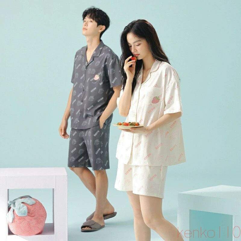 【送料無料】ペア パジャマ 半袖 夏 男女2着 セット 春 いちご おしゃれ カジュアル セットアップ 抗菌 綿100% 薄手 ルームウェア 高級 カップル 春夏 ペアパジャマ 結婚祝|えーあい