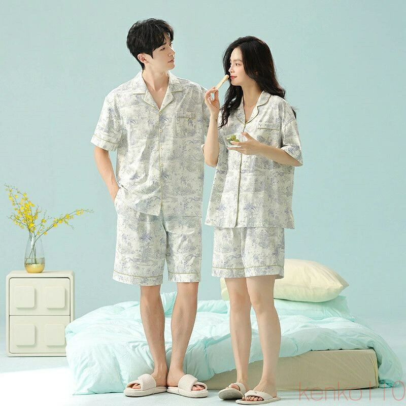 【送料無料】ペア パジャマ 半袖 夏 男女2着 セット 春 フラワー 高級 カジュアル セットアップ 抗菌 綿100％ 薄手 ルームウェア カップル 春夏 ペアパジャマ 結婚祝い プレ｜えーあい
