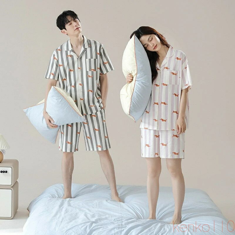 【送料無料】ペア パジャマ 半袖 夏 男女2着 セット 春 ストライプ ダックスフント 高級 涼しい カジュアル セットアップ 抗菌 綿100% ルームウェア 春夏 カップル ペアパジ|えーあい