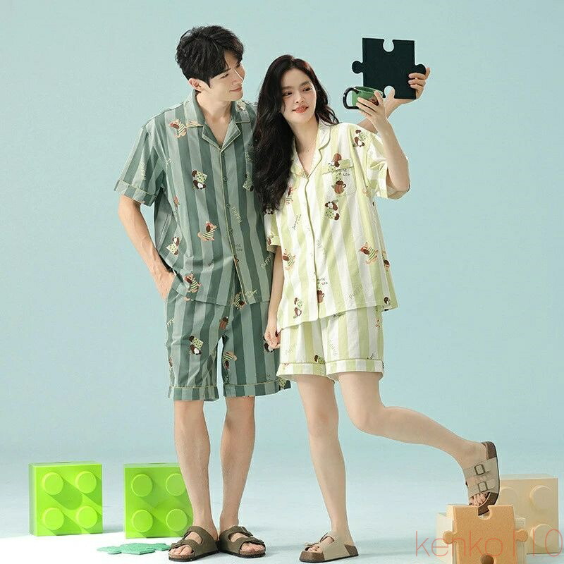 【送料無料】ペア パジャマ 半袖 夏 男女2着 セット 春 ストライプ ダックスフント 可愛い アニメ セットアップ 抗菌 綿100% ルームウェア 高級 カップル 春夏 ペアパジャマ|えーあい