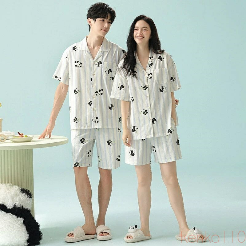 【送料無料】ペア パジャマ 半袖 夏 男女2着 セット 春 パンダ 可愛い ストライプ アニメ セットアップ 抗菌 綿100% ルームウェア 高級 カップル 春夏 ペアパジャマ 結婚祝|えーあい