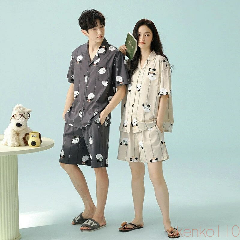【送料無料】ペア パジャマ 半袖 夏 男女2着 セット 春 ストライプ シンプル 愛犬 アニメ セットアップ 抗菌 綿100% 薄手 ルームウェア 春夏 高級 カップル ペアパジャマ 結|えーあい