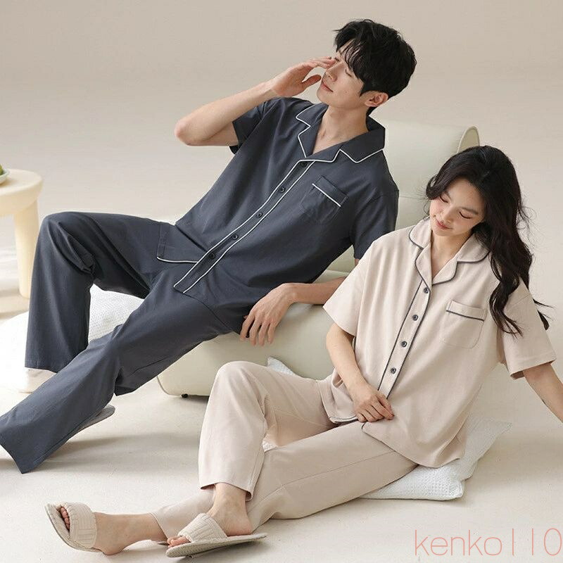 【送料無料】ペア パジャマ 半袖 夏 男女2着 セット 春 無地 ポケット 柔らかい セットアップ カップル 綿100% 薄手 ルームウェア 半袖トップス ロングパンツ 高級 春夏 ペ|えーあい