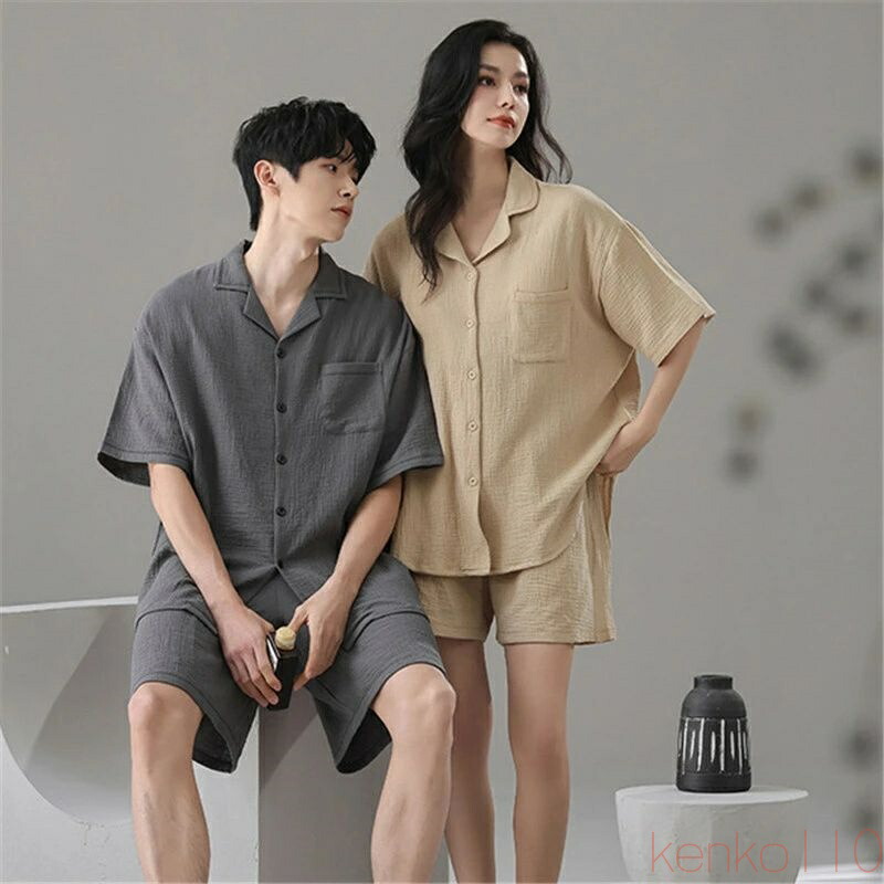 【送料無料】ペア パジャマ 半袖 夏 綿100% 男女2着 セット 無地 シンプル ゆったり 春 綿 カップル ルームウェア 高級 春夏 ペアパジャマ 結婚祝い プレゼント お祝い おも|えーあい