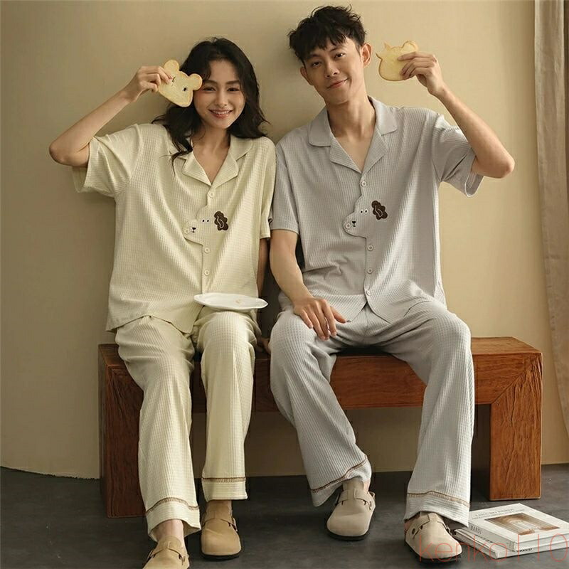 【送料無料】ペア パジャマ 半袖 夏 綿100% 男女2着 セット シンプル ゆったり 前開き ワッフル生地 カップル 半袖トップス+ロングパンツ カジュアル 部屋着 高級 ルームウェ|えーあい