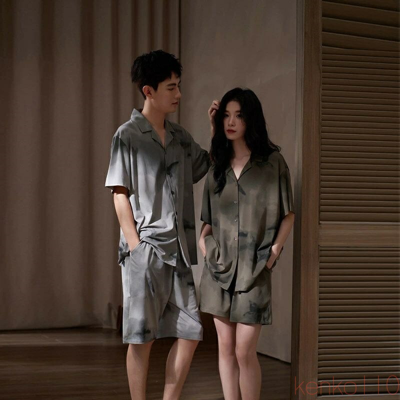【送料無料】ペア パジャマ 半袖 夏 男女2着 セット 春 前開き グラデーション ゆったり カップル ルームウェア 半袖トップス ショートパンツ 高級 春夏 ペアパジャマ 結婚祝|えーあい