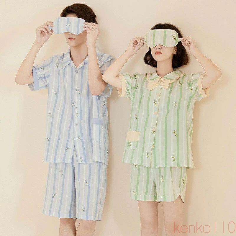 【送料無料】ペア パジャマ 半袖 夏 綿100% 男女2着 セット ストライプ リボン 可愛い 春 綿 セットアップ カップル ルームウェア 半袖トップス ショートパンツ 高級 春夏 ペ|えーあい