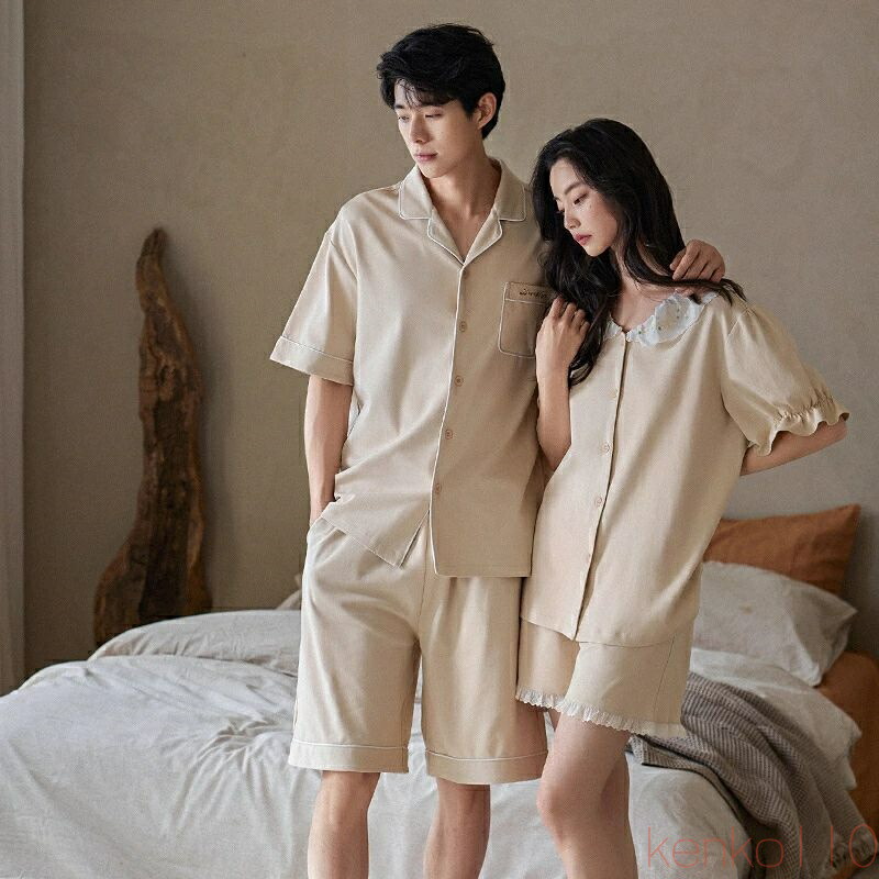 【送料無料】ペア パジャマ 半袖 夏 男女2着 セット 春 無地 前開き ゆったり 綿 セットアップ カップル 人形の襟 ルームウェア 高級 春夏 ペアパジャマ 結婚祝い プレゼント|えーあい