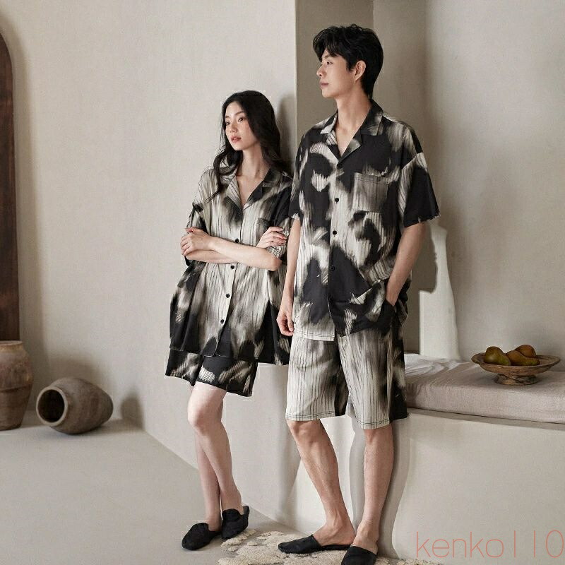 【送料無料】ペア パジャマ 半袖 夏 男女2着 セット 春 シンプル 前開き ゆったり 涼しい 綿 セットアップ カップル 高級 ルームウェア 春夏 ペアパジャマ 結婚祝い プレゼン|えーあい