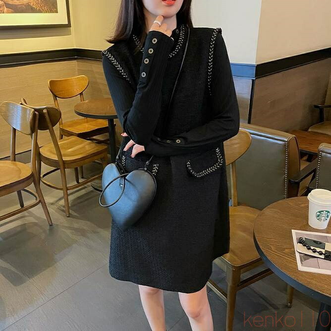 【貨物輸送無料】秋冬 ヨーロッパ 衣装 スコート 衣装 ティーシャツ ロングスコート ワンピドレス 袖なし ノースリーブ ラウンドのど首 襟なし か細い 細身 A伝達ルート ブラック