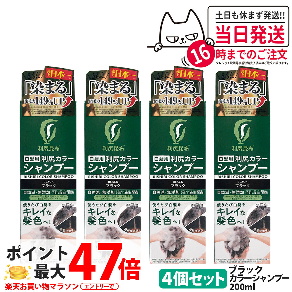 【4個セット リニューアル】利尻カラーシャンプーＮ ブラック 200ml 無添加 白髪用 白髪染め 男女兼用 ノンシリコン 植物エキス 利尻昆布エキス 全体染め 利尻昆布 ピュール 髪・頭皮に優しい 白髪ケア 白髪用カラーシャンプー 無香料 送料無料｜アリアナ　ショップ