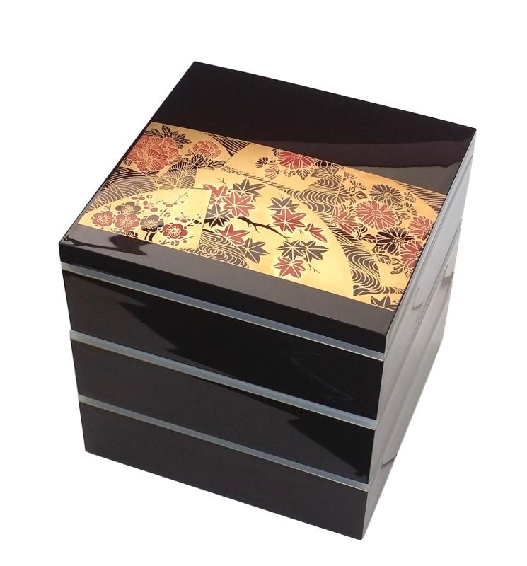 若泉塗師細工 3段重箱 7寸大和重 新溜内朱渕金 華暦 パッキン中蓋3枚付 -151-95