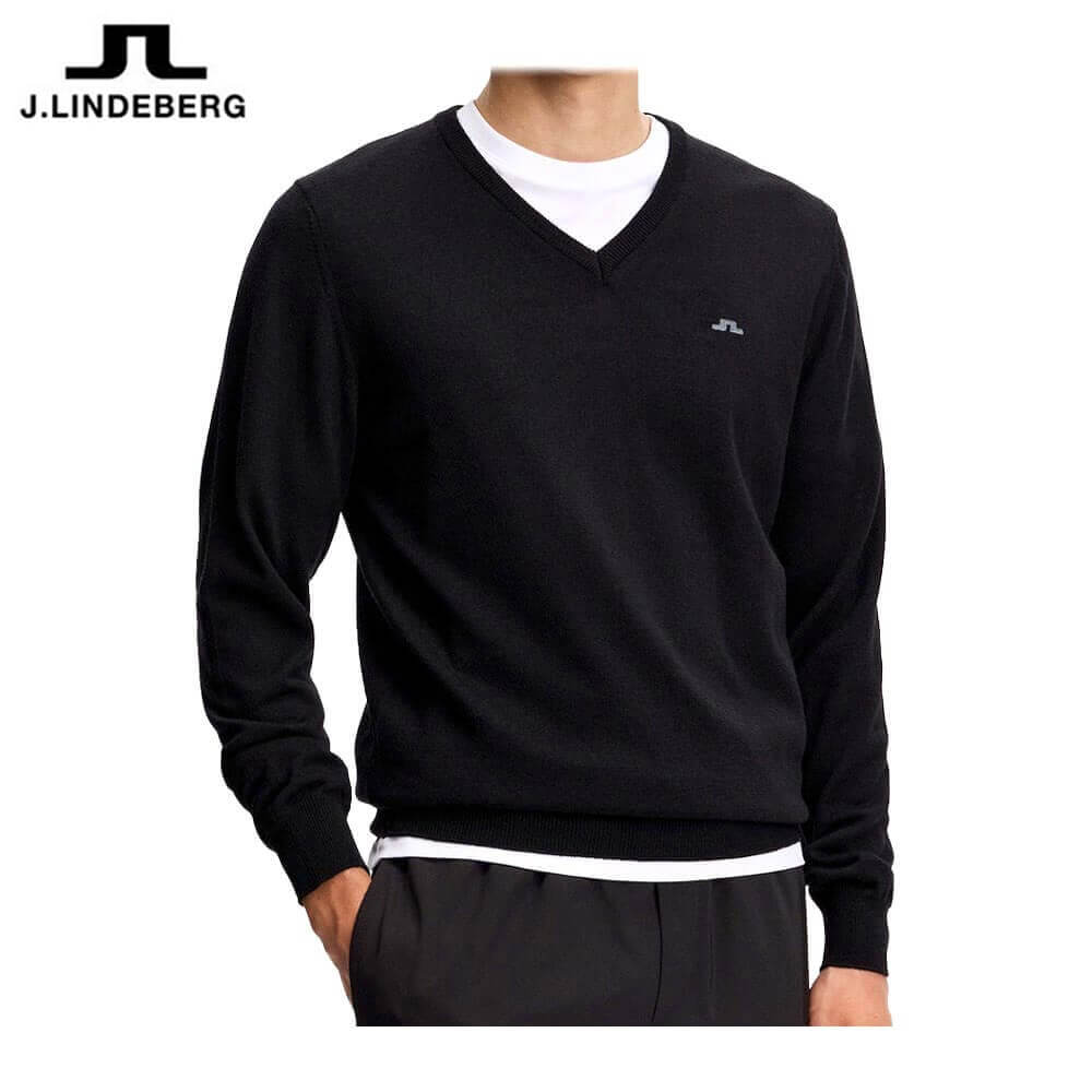【全品９％ＯＦＦクーポン配布中！　Jリンドバーグ メンズ ファインニット Vネック 長袖 セーター 071-15213 019 ブラック ゴルフウェア [2026年春夏モデル 30％OFF] 特価｜ゴルフ用品、クラブは有賀園ゴルフ