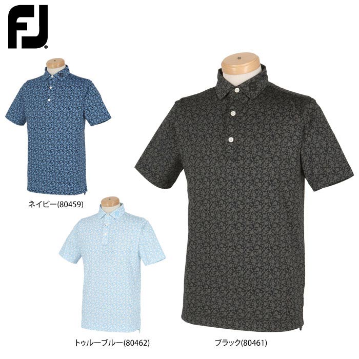 【極美品/訳あり】◎ FootJoy フットジョイ/ 半袖 ワンポイント刺繍ロゴ ボタンダウン 総柄 ゴルフウェア　SIZE： L　ブラック