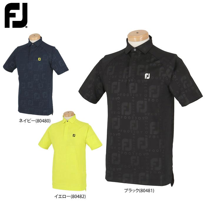 【極美品/訳あり】◎ FootJoy フットジョイ/ 半袖 ワンポイント刺繍ロゴ ボタンダウン 総柄 ゴルフウェア　SIZE： L　ブラック