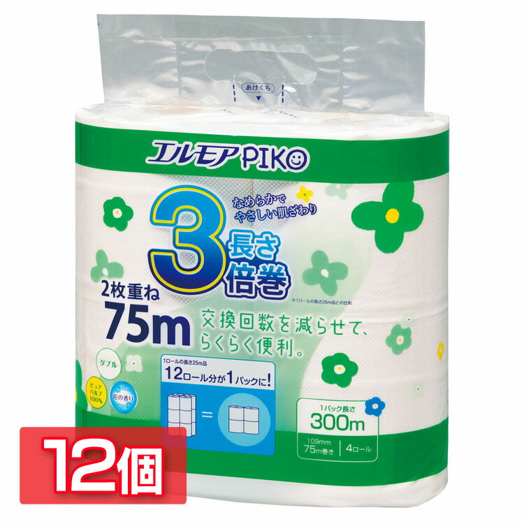 【12個セット】トイレットペーパー 香り付き エルモア ピコ 3倍巻き 4ロール ダブル 75m 143160 トイレットペーパー 3倍巻き パルプ ソフト 香り ピコ 4ロール 大容量 長持ち エルモア