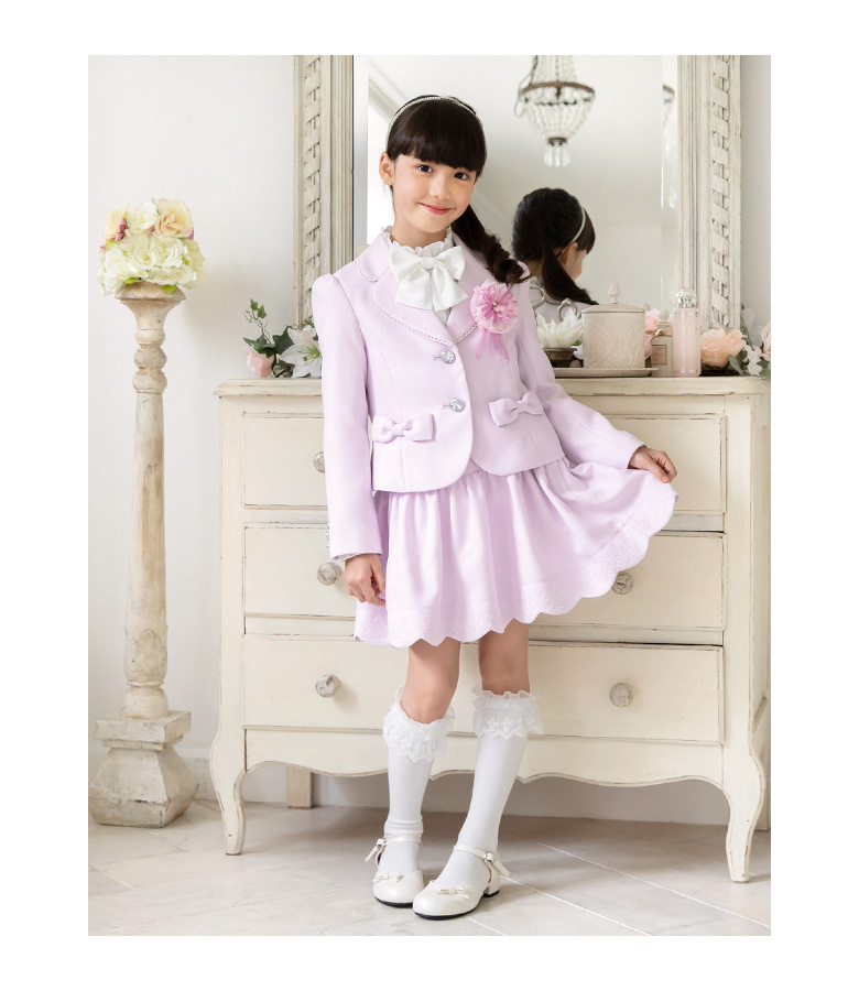 楽天市場 入学式 スーツ 女の子 子供服 卒園 115 1 130 Cm 5点セット ジャケット スカート ブラウス リボン コサージュ キッズ フォーマル 入学式スーツ 子供スーツ ピンク ラベンダー 卒園式 結婚式 七五三 発表会 エメリン 送料無料 子供ドレス アリサナ