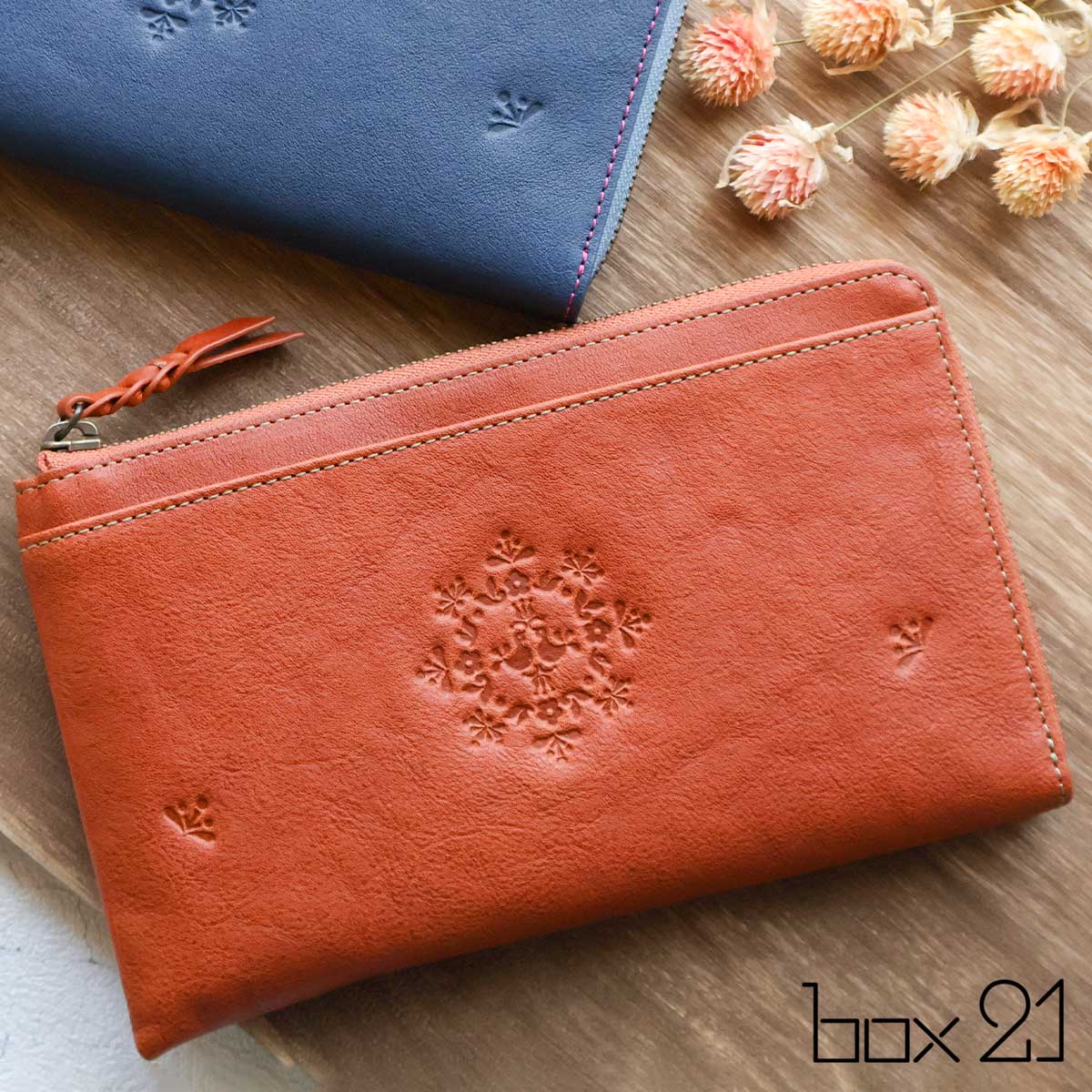L字ファスナー マルチ財布 マルチウォレット 通帳ケース お花 小鳥 box21 ボックス21 レフティア 牛革 型押し 0332464 レディース 本革 ギフト プレゼント 【メッセージカード・ラッピング無料】
