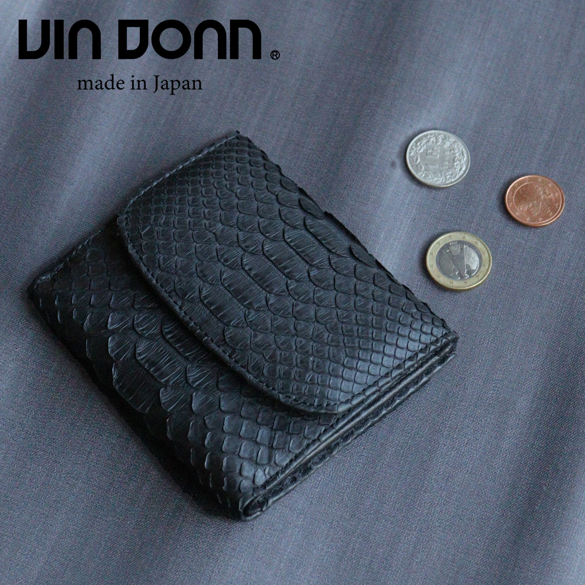 VIA DOAN(ヴィアドアン) Oilmat(オイルマット) 二つ折り財布 ボックス型小銭入れ ヘビ革 ダイヤモンドパイソン ブラック 日本製 668 【メッセージカード・ラッピング無料】VIADOAN