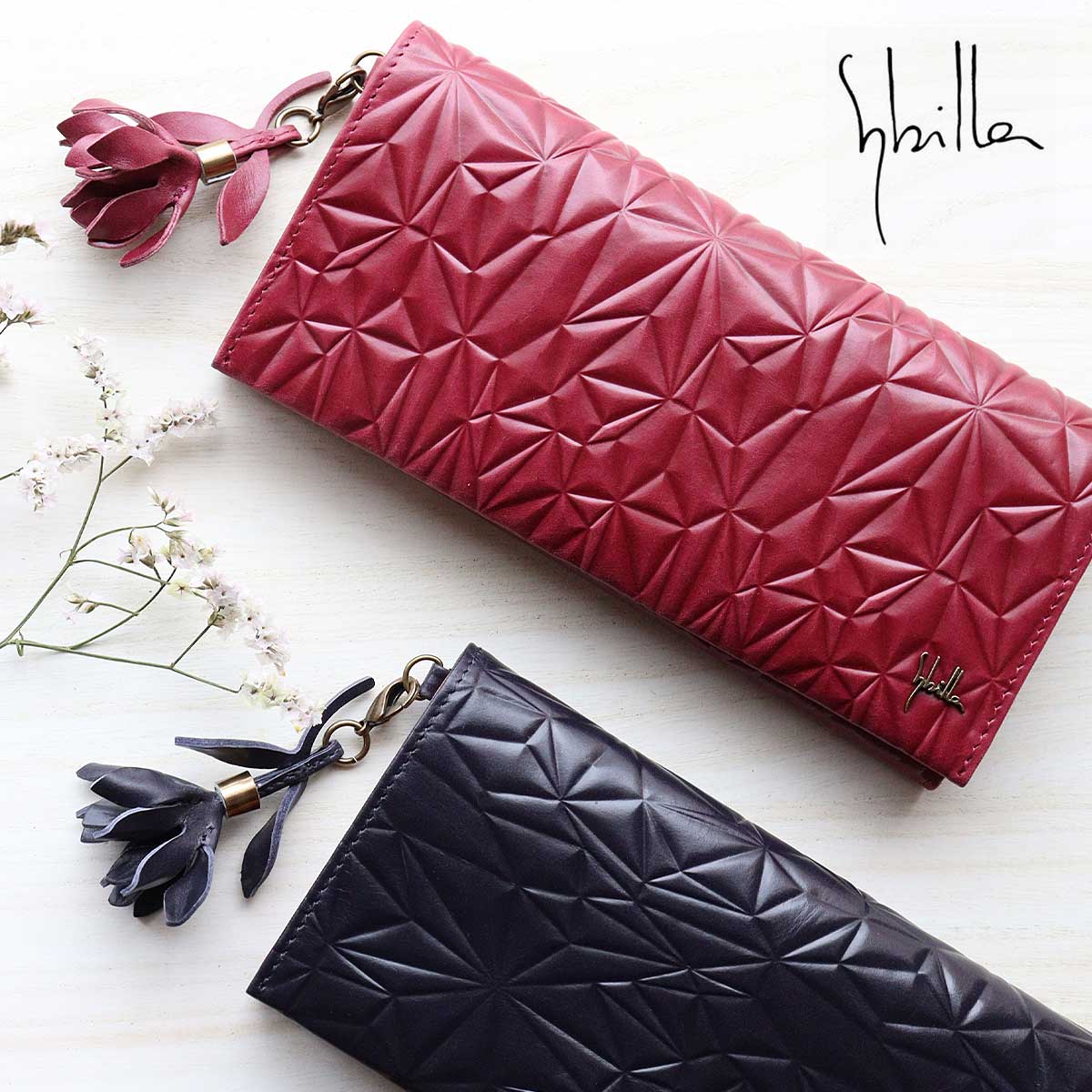 【限定】長財布 かぶせ 幾何学 花 レザーチャーム フリンジ 牛革 sybilla シビラ ノクトゥルノ 5470532 レディース 牛革 本革 ギフト プレゼント