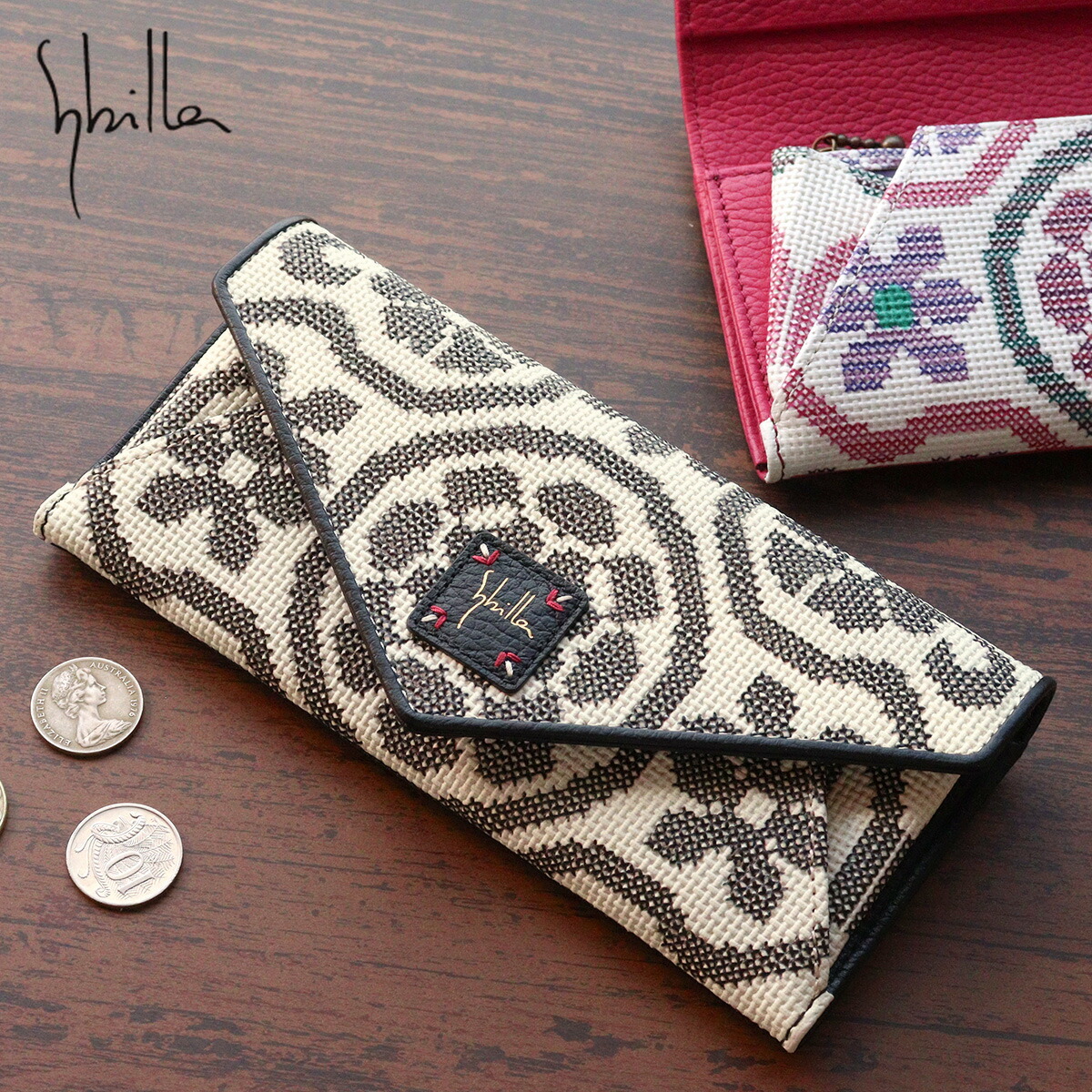 かぶせ長財布 刺繍風 プリント 花 牛革 sybilla シビラ フガール 5470563 レディース 牛革 本革 ギフト プレゼント