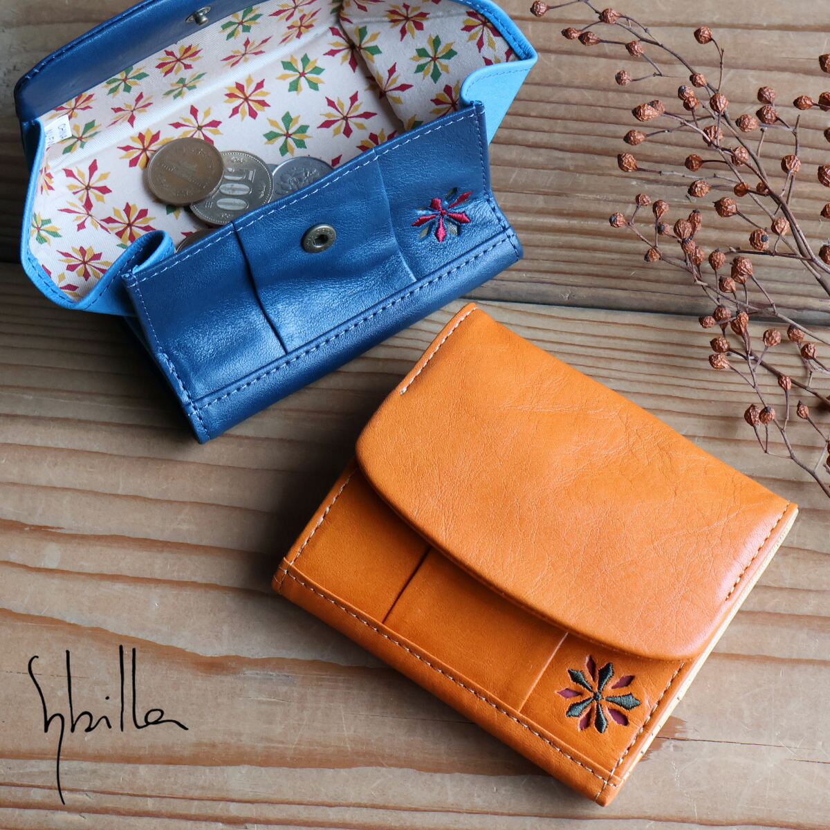二つ折り財布 ボックス型小銭入れ ワンポイント 刺繍 パンチング 牛革 sybilla シビラ ラーナ 5471170 レディース 牛革 本革 ギフト プレゼント|かばんと財布の店 アリスタ