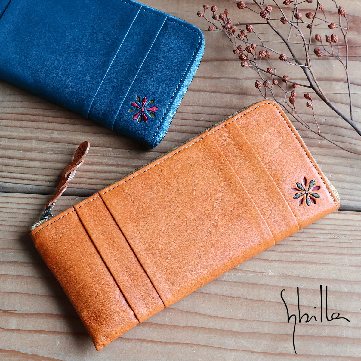 L字ファスナー長財布 ワンポイント 刺繍 パンチング 牛革 sybilla シビラ ラーナ 5471174 レディース 牛革 本革 ギフト プレゼント