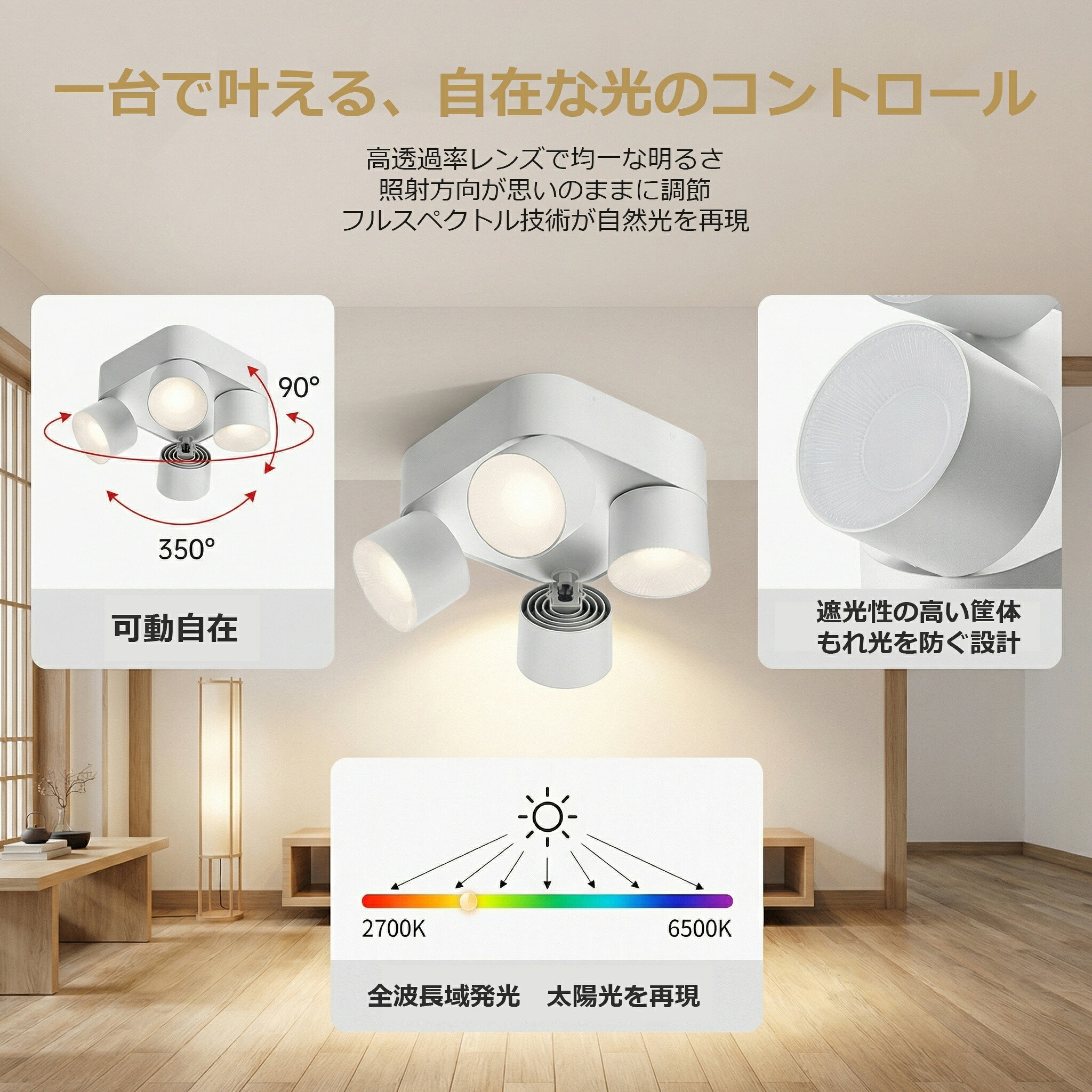 今だけ2,000円OFF！＼マラソン限定10倍ポイント／シーリングライトLEDシーリングライト 4灯式 角度調整可能 高演色 Ra90以上 目に優しい 全波長発光 スマホ操作対応 リビング・寝室・書斎対応 PSE認証済み