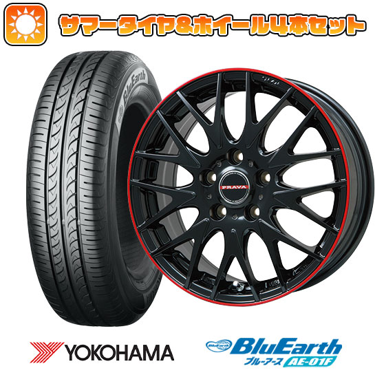 【取付対象】195/55R16 夏タイヤ ホイール4本セット YOKOHAMA ブルーアース AE-01F (5/114車用) ビッグウエイ LEYSEEN プラバ9MJrII グロスブラック/レッドリム 16インチ【送料無料】