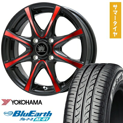【取付対象】165/55R14 夏タイヤ ホイール4本セット YOKOHAMA ブルーアース AE-01 (軽自動車用) PREMIX アマルフィV Jr(ブラックポリッシュ/レッドクリア) 14インチ【送料無料】