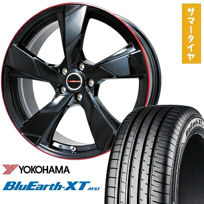【取付対象】225/50R18 夏タイヤ ホイール4本セット YOKOHAMA ブルーアース XT AE61 (5/114車用) PREMIX ヴェランV(グロスブラック/レッドリム) 18インチ【送料無料】