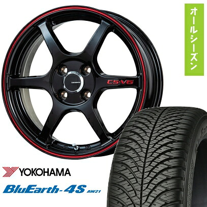 【取付対象】165/55R15 オールシーズンタイヤ ホイール4本セット YOKOHAMA ブルーアース 4S AW21 オールシーズン (軽自動車用) LEHRMEISTER CS-V6(グロスブラック/レッドライン) 15インチ【送料無料】｜アークタイヤ 店